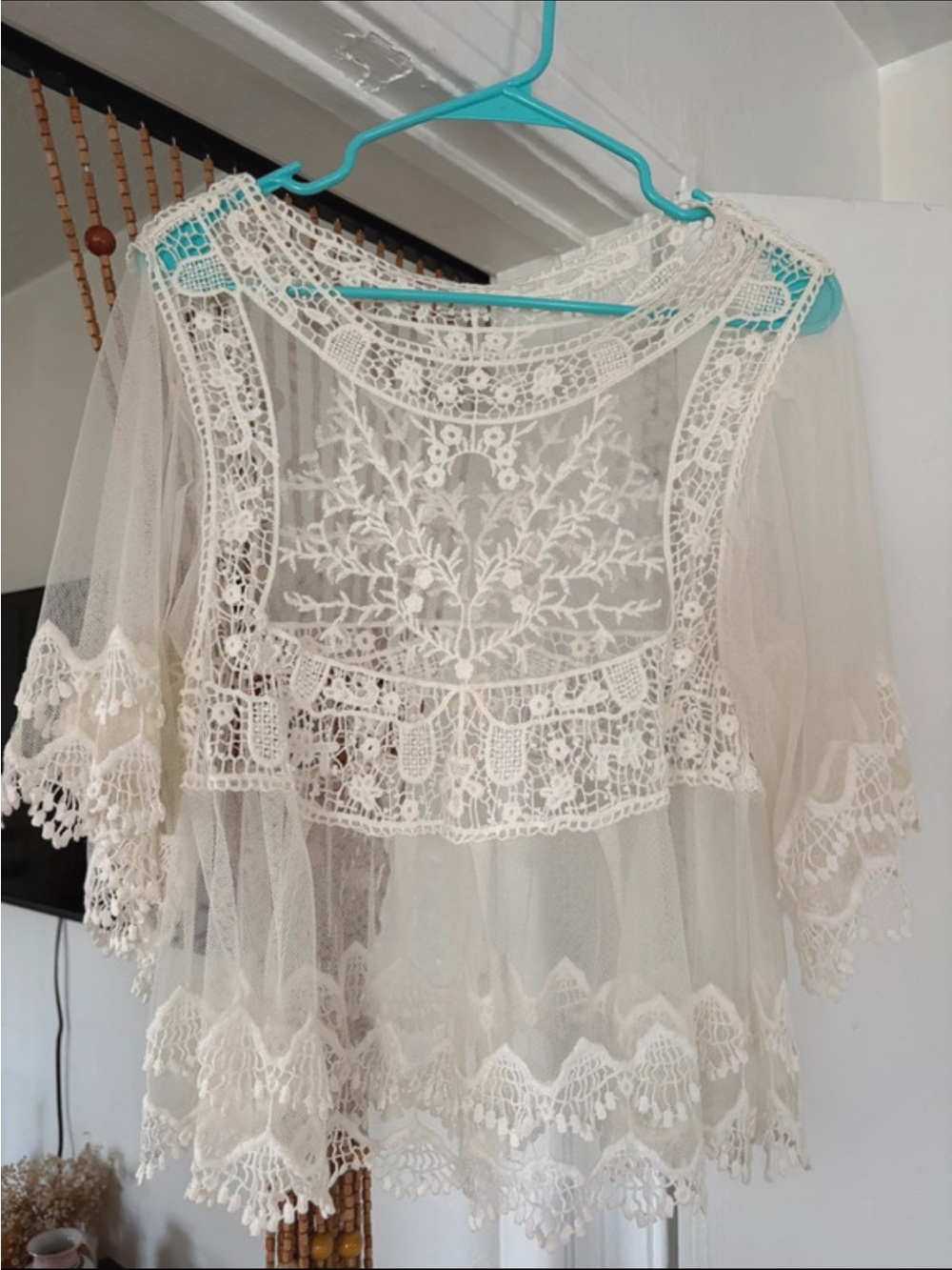 Lace Overlay Peasant Top - Ivory